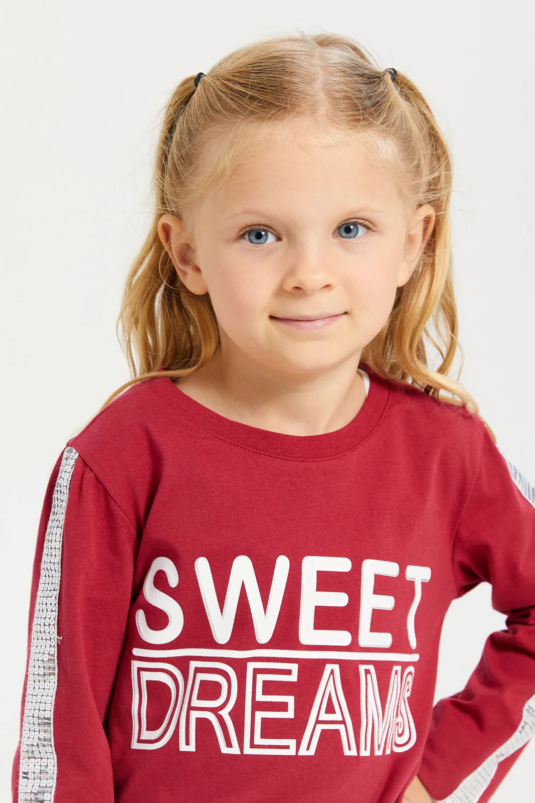 Girls Burgundy Long Sleeve Printed T-Shirt