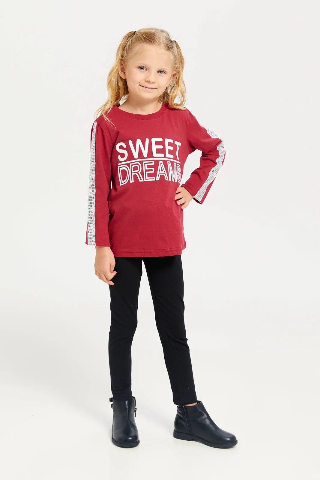 Girls Burgundy Long Sleeve Printed T-Shirt