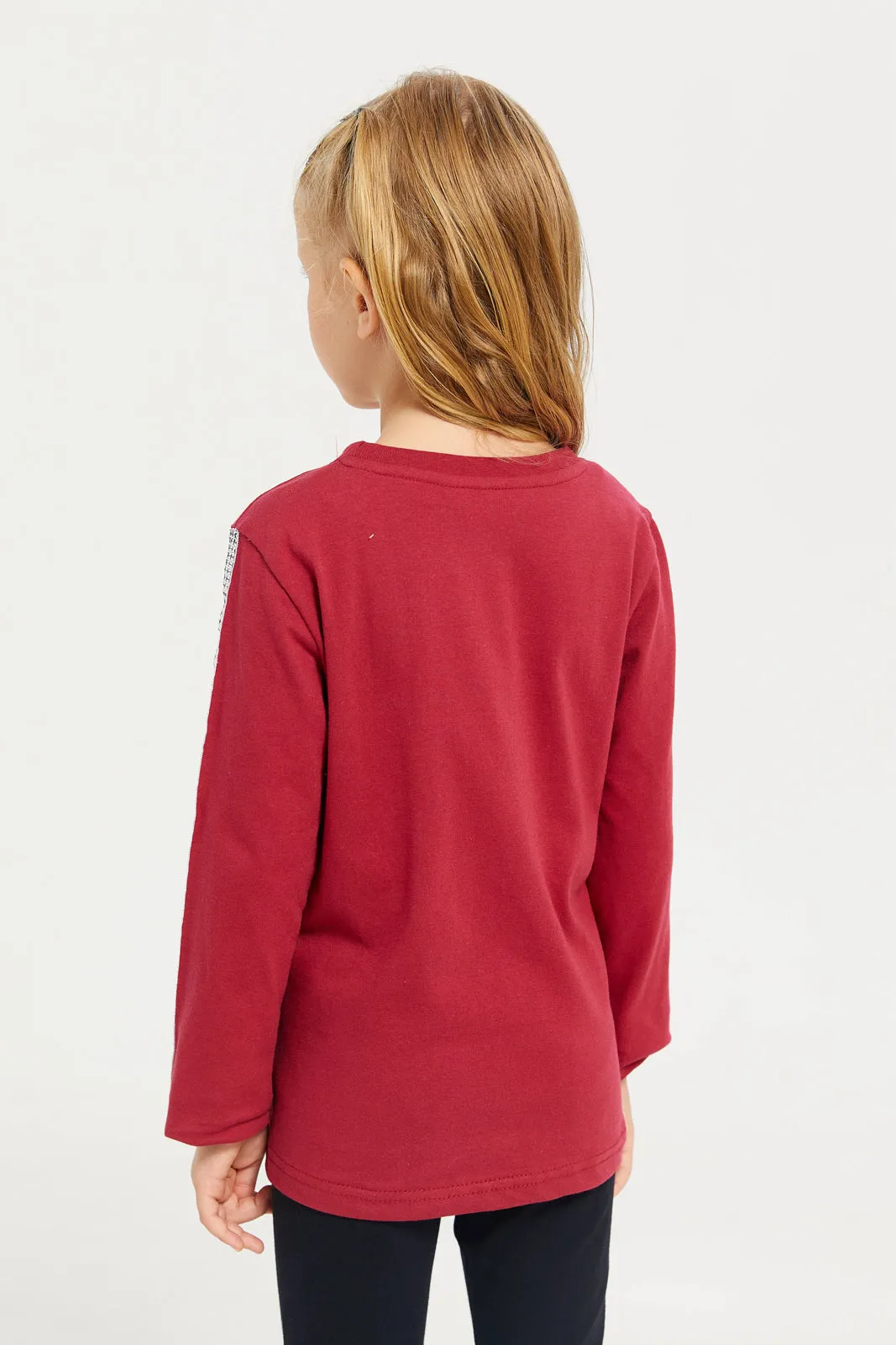 Girls Burgundy Long Sleeve Printed T-Shirt