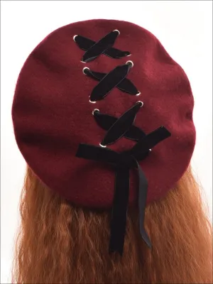 Girls Wool Velvet Lace Up Beret