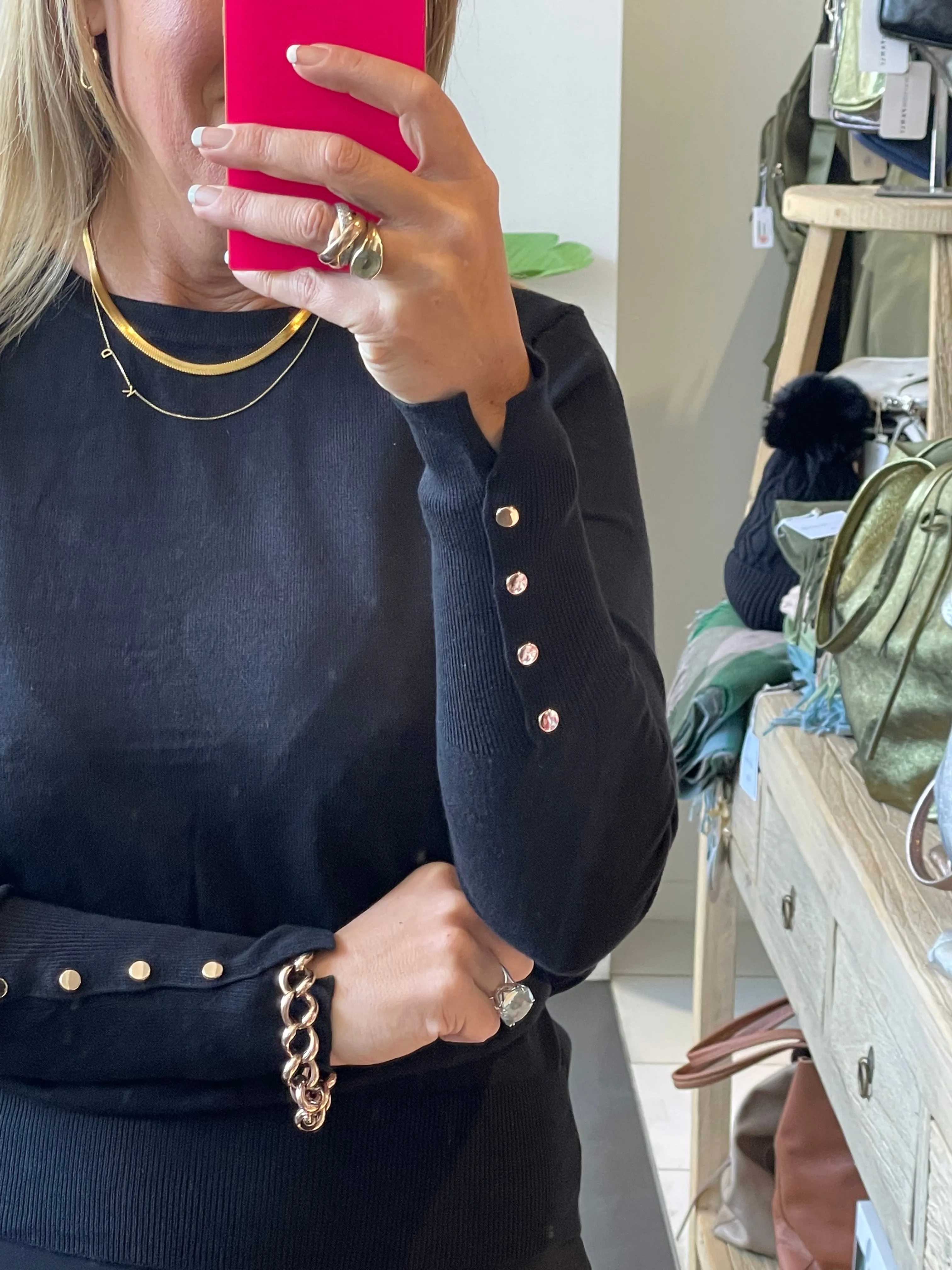 Gold Button Cuff Knit Top - BLACK