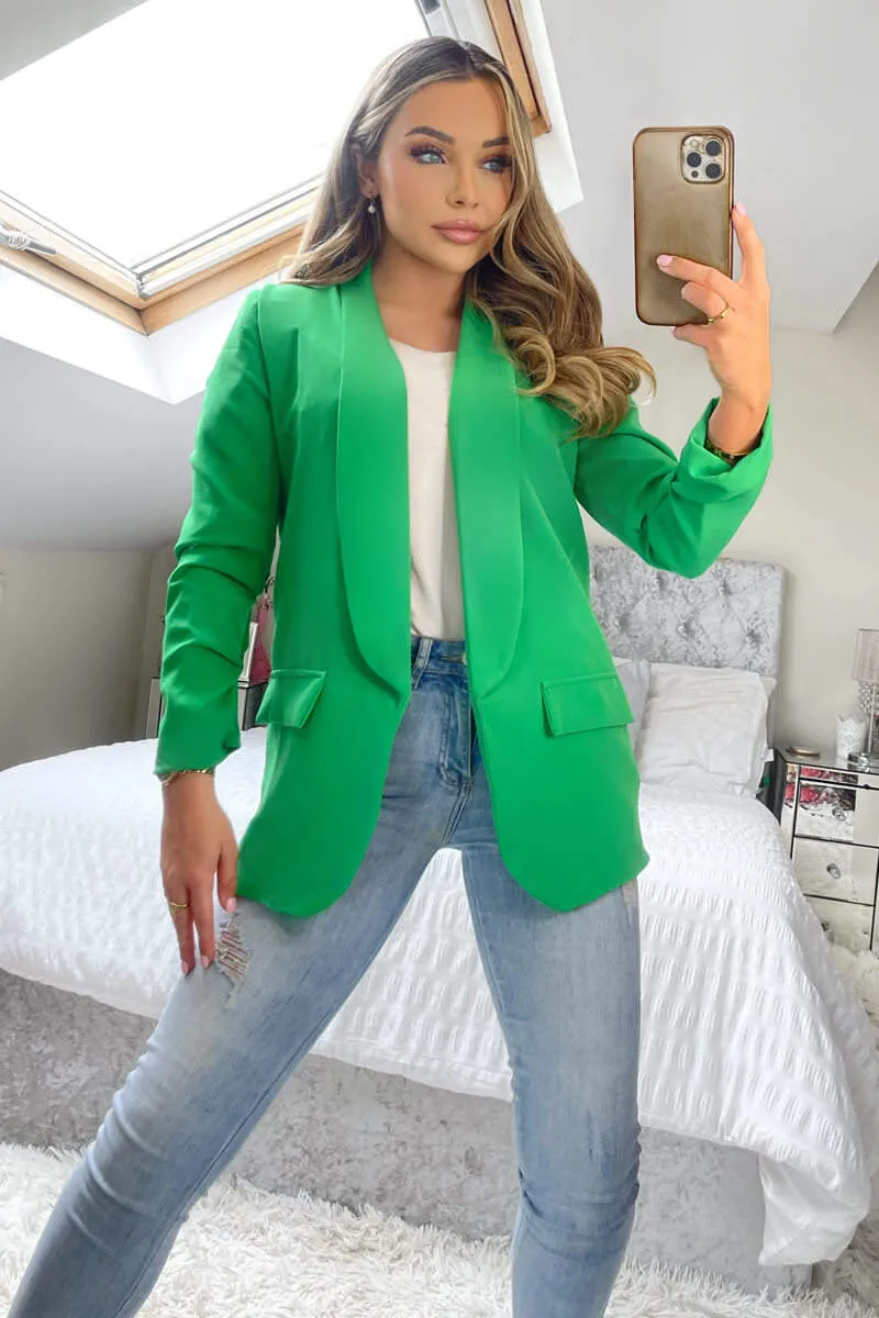 GREEN RUCHED SLEEVE BLAZER