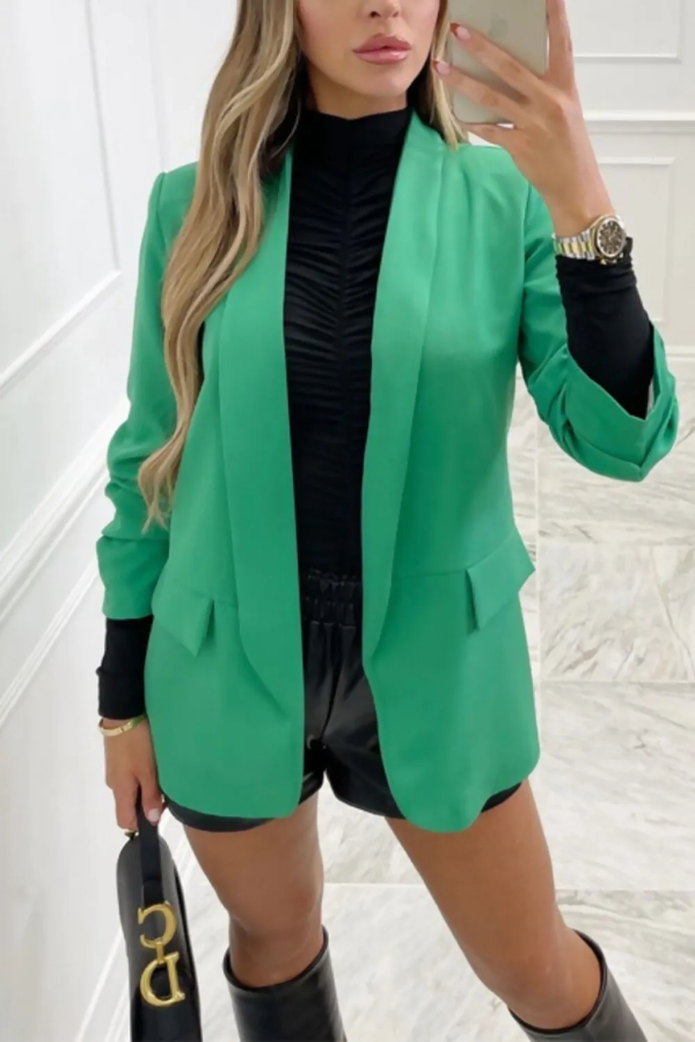 GREEN RUCHED SLEEVE BLAZER