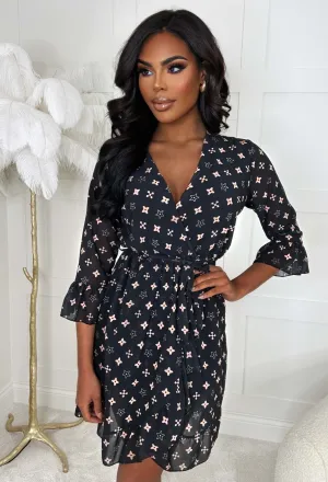 In The Moment Black Chiffon Printed Belted Waist Mini Dress