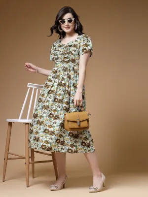 Indibelle Floral Print Rayon Dress (Green)