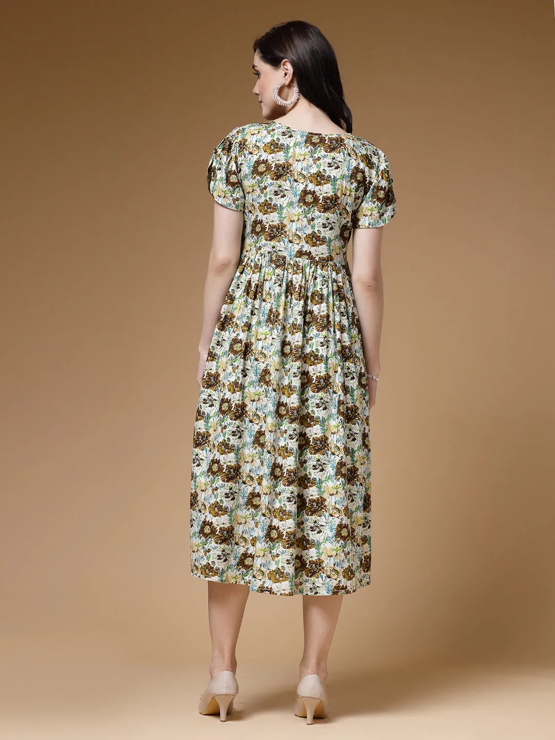 Indibelle Floral Print Rayon Dress (Green)