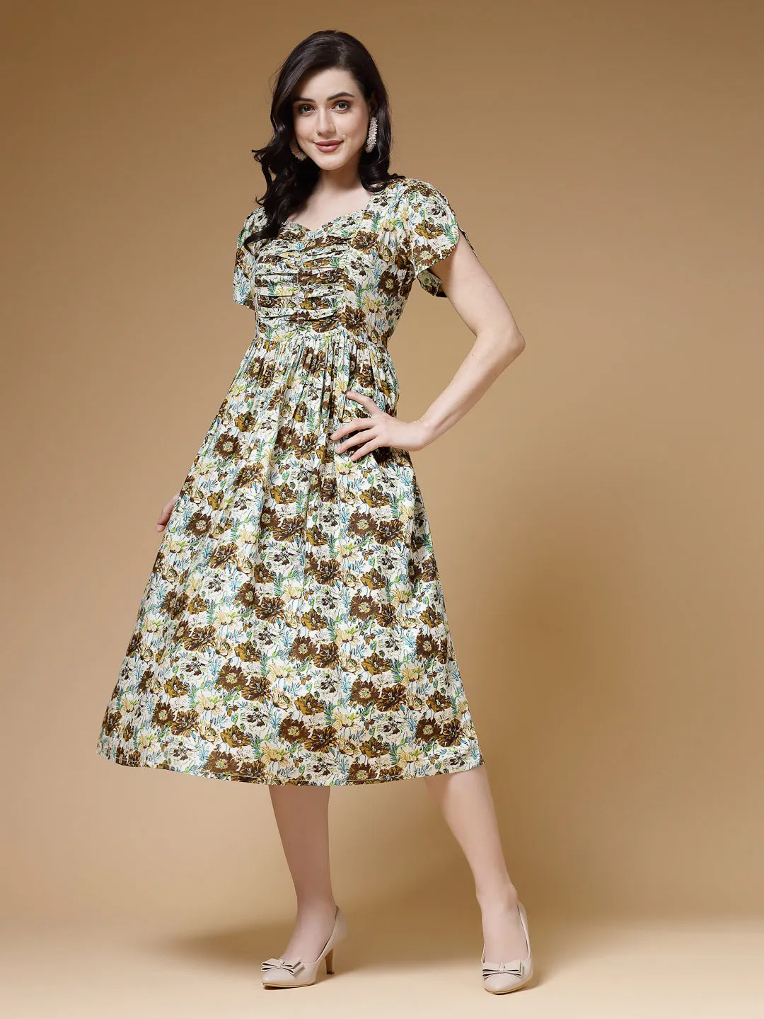 Indibelle Floral Print Rayon Dress (Green)