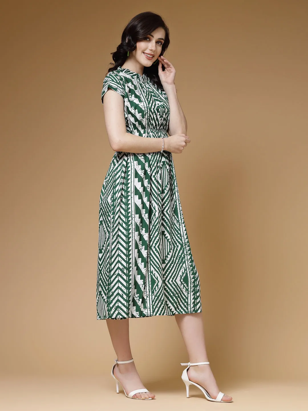 Indibelle Geometric Print Rayon Flared Dress (Green)