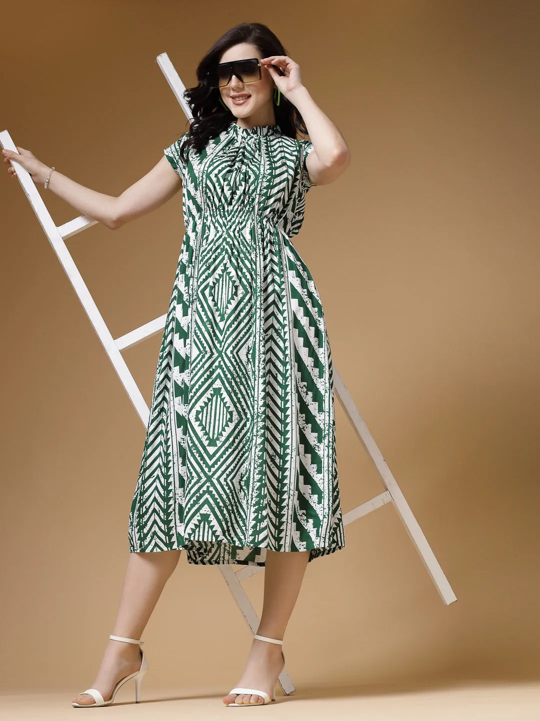 Indibelle Geometric Print Rayon Flared Dress (Green)