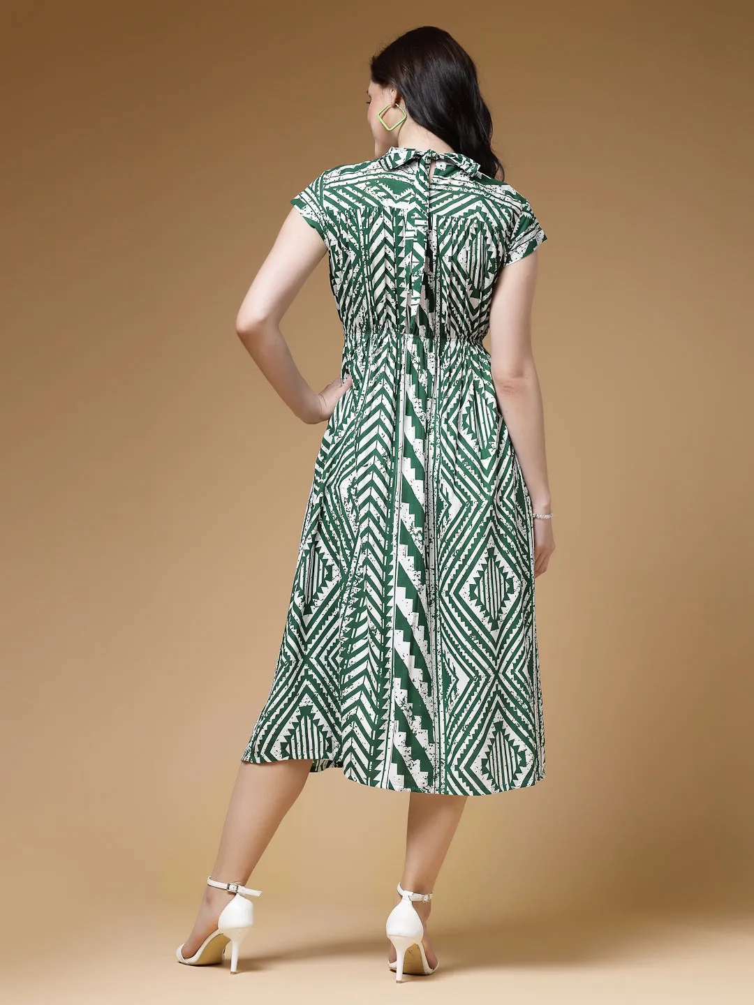 Indibelle Geometric Print Rayon Flared Dress (Green)