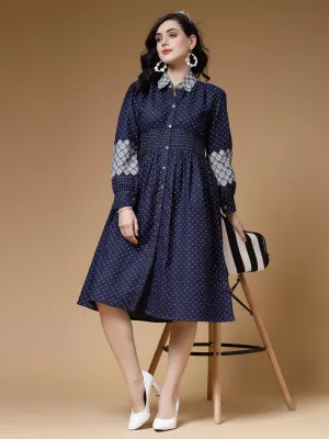 Indibelle Printed Denim A-Line Dress (Blue)