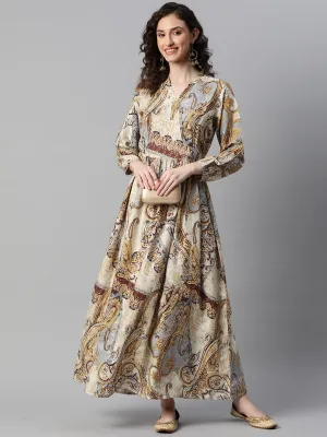 Indibelle Rayon Paisley Print A-Line Dress (Beige)