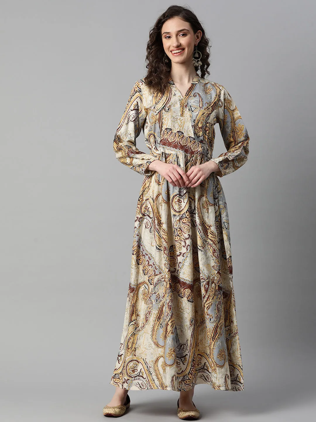 Indibelle Rayon Paisley Print A-Line Dress (Beige)