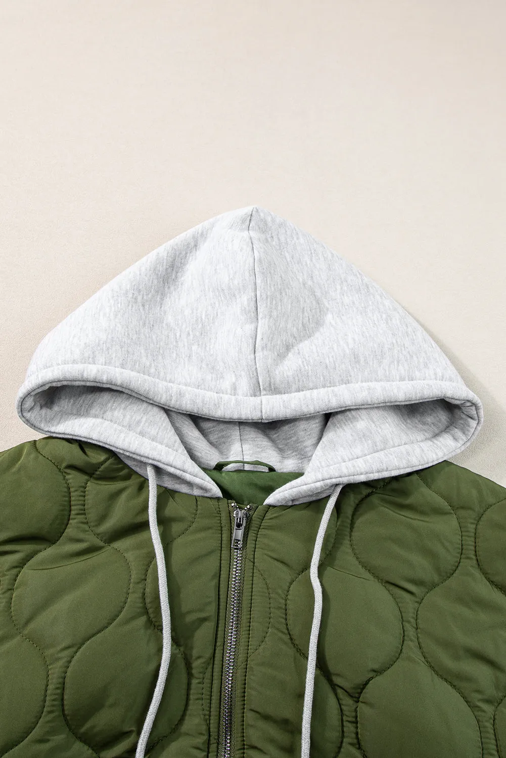 Jungle Green Quilted Drawstring Hooded Zip Up Puffer Vest