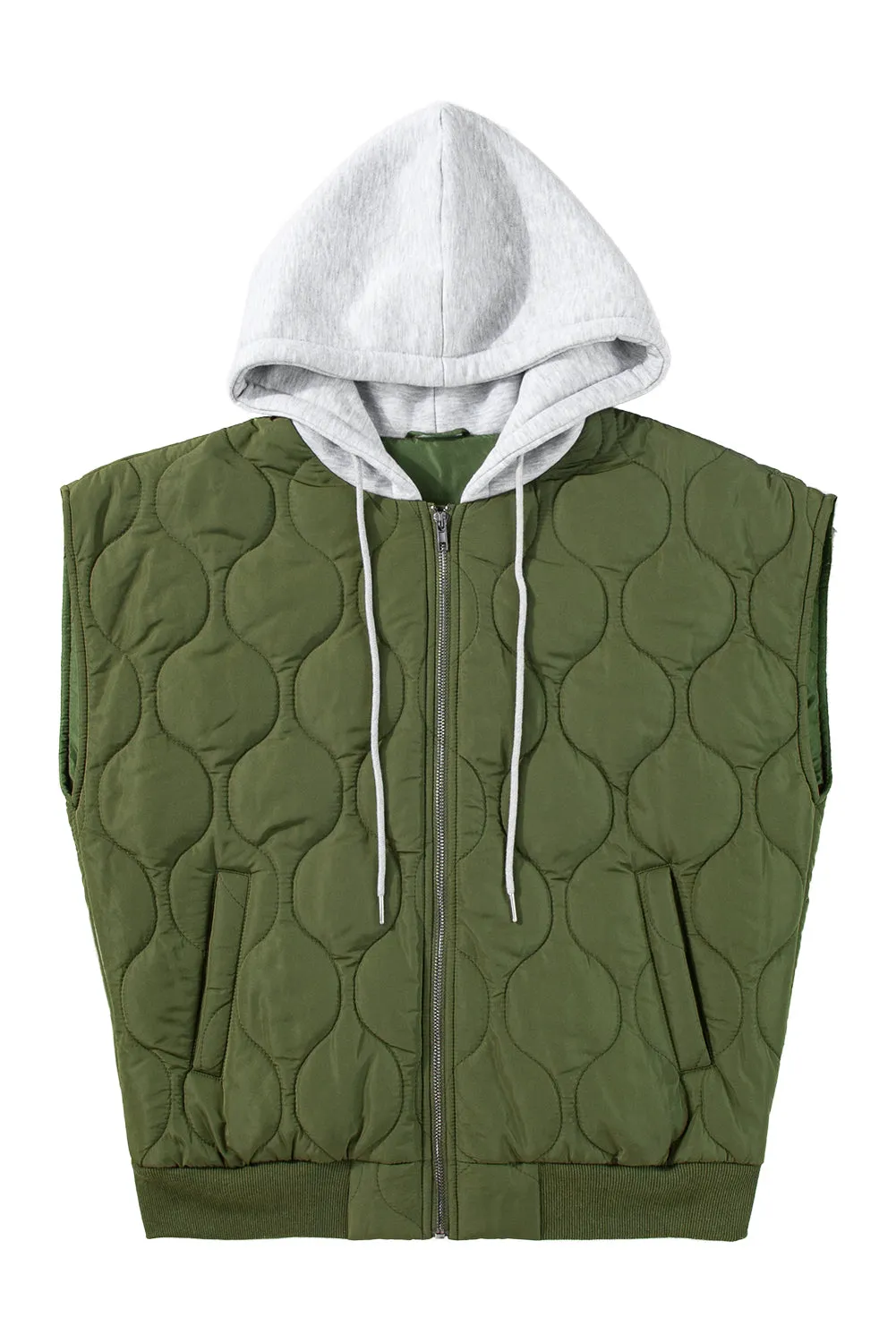 Jungle Green Quilted Drawstring Hooded Zip Up Puffer Vest