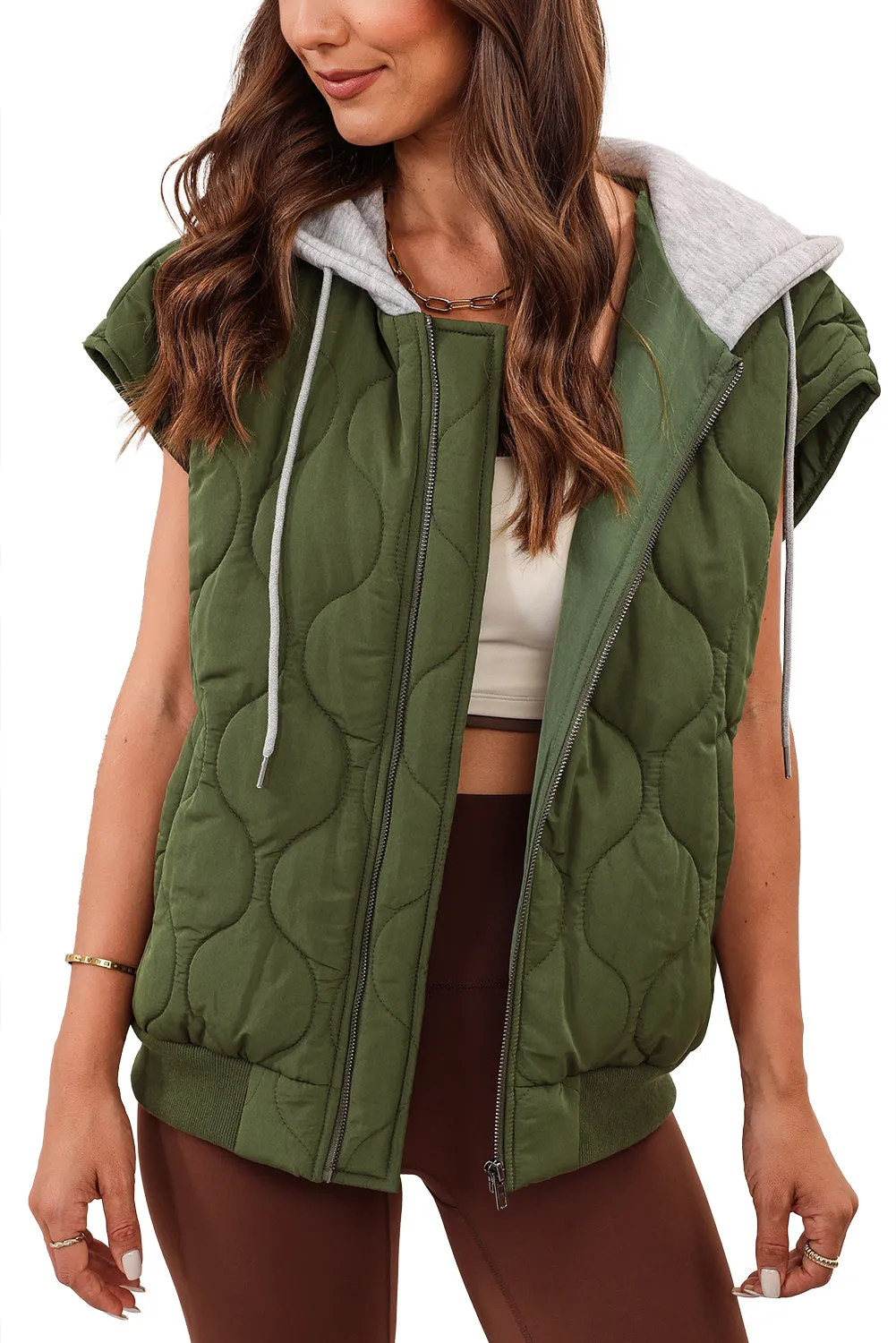 Jungle Green Quilted Drawstring Hooded Zip Up Puffer Vest