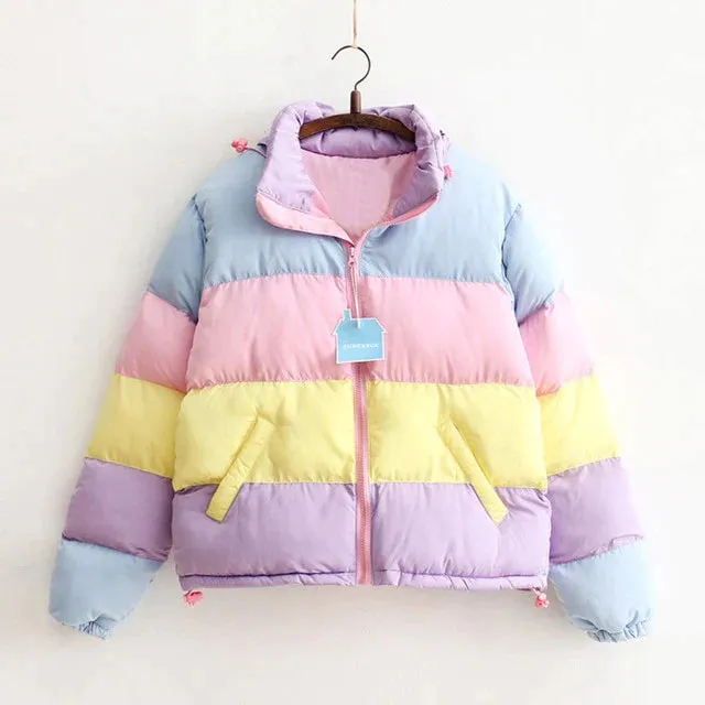 Kawaii Aesthetic Cute 90s Y2K Pastel Rainbow Colorblocking Cropped Down Jacket