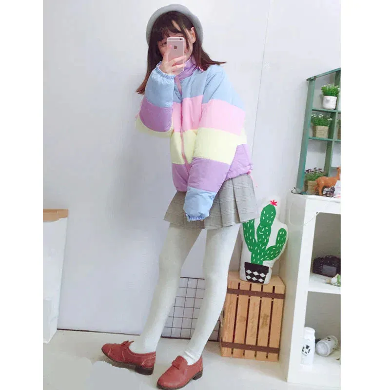 Kawaii Aesthetic Cute 90s Y2K Pastel Rainbow Colorblocking Cropped Down Jacket