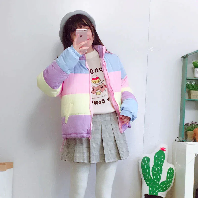 Kawaii Aesthetic Cute 90s Y2K Pastel Rainbow Colorblocking Cropped Down Jacket