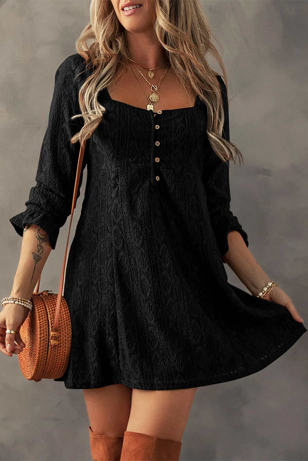 Lace Crochet Buttoned Square Neck Dress