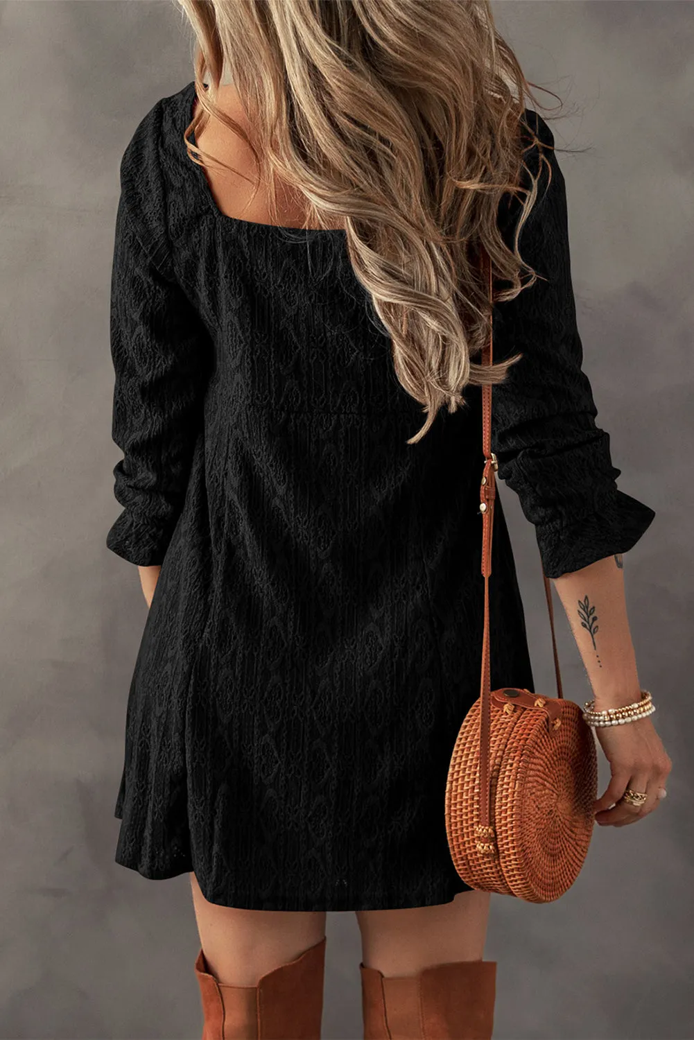 Lace Crochet Buttoned Square Neck Dress