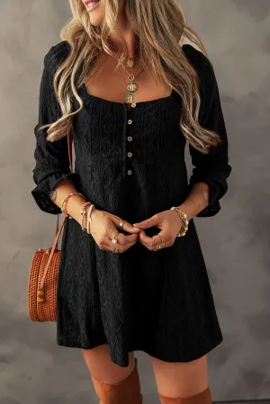 Lace Crochet Buttoned Square Neck Dress