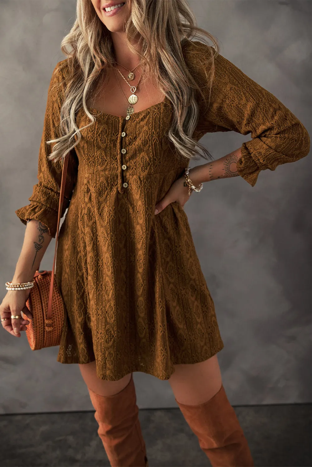 Lace Square Neck Shift Mini Dress