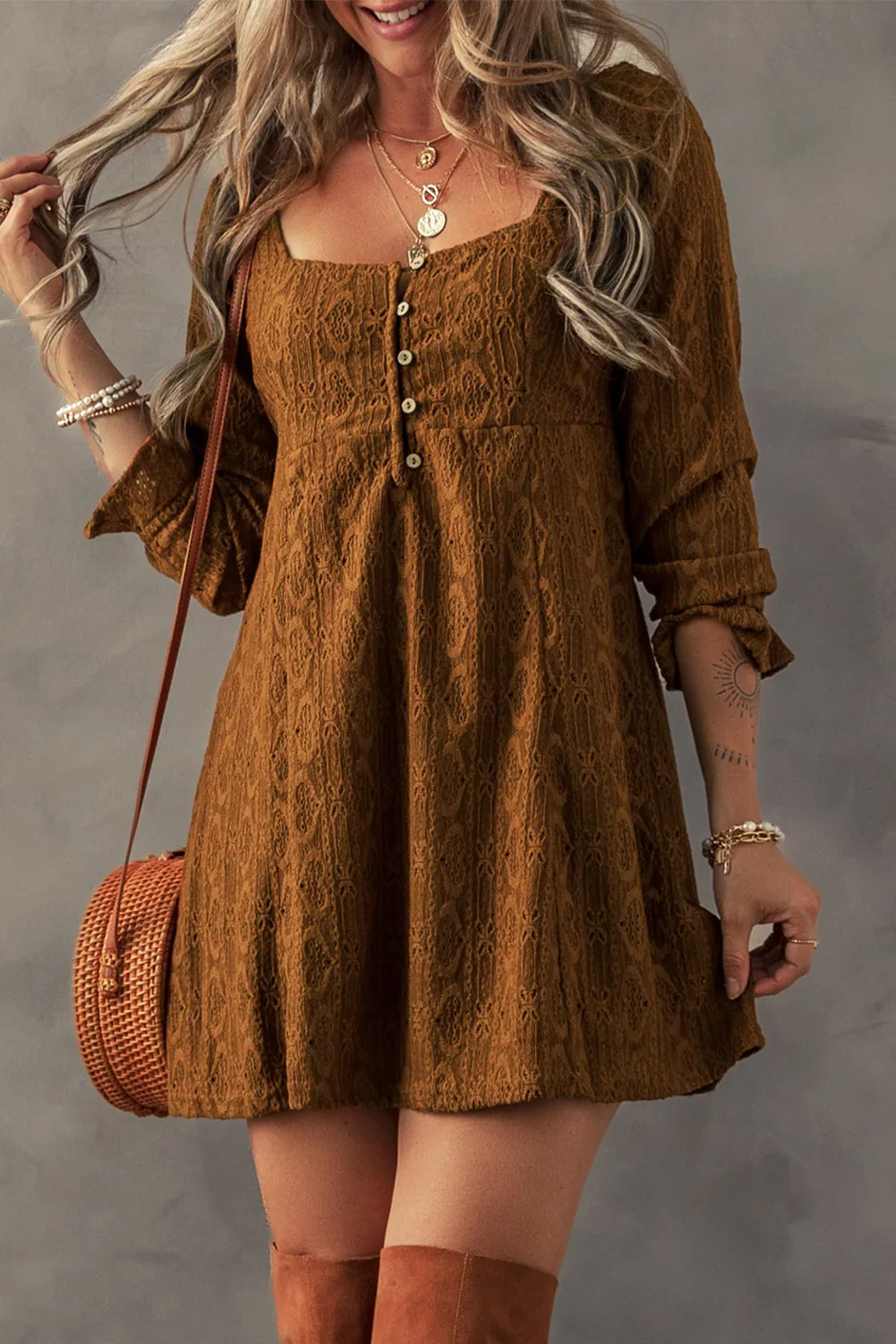 Lace Square Neck Shift Mini Dress