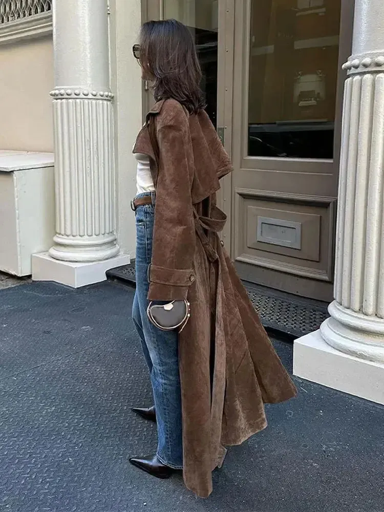 Ladies Khaki Faux Leather Long Coat khaki trench coat With Belt Fashion Double-breasted coat