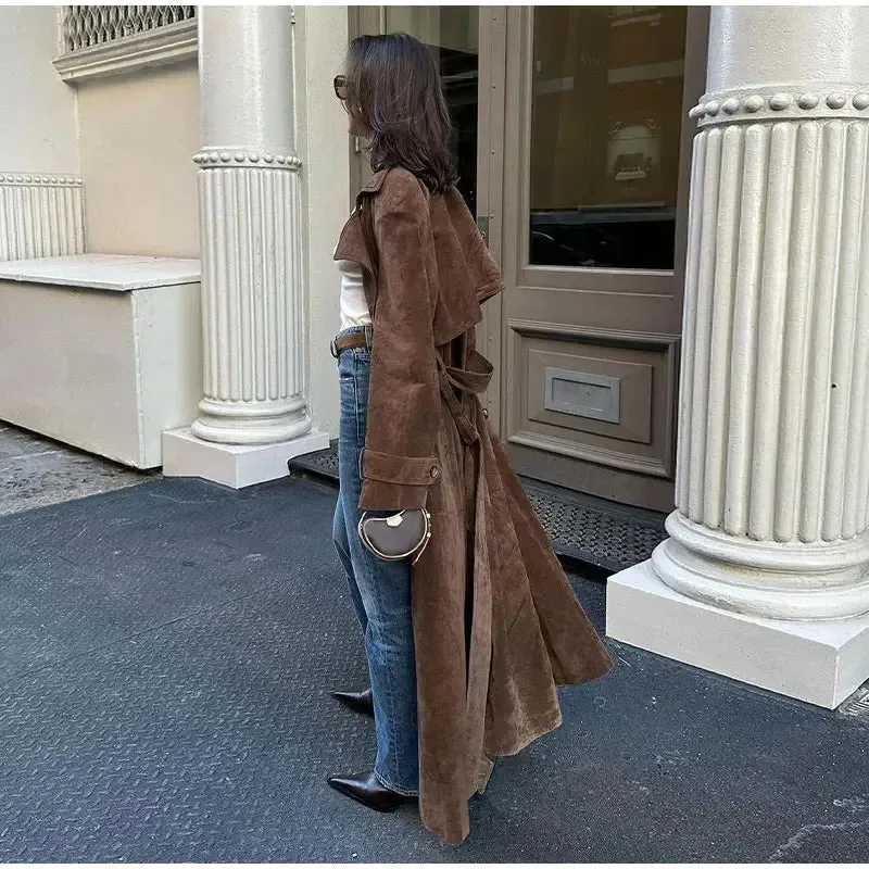 Ladies Khaki Faux Leather Long Coat khaki trench coat With Belt Fashion Double-breasted coat