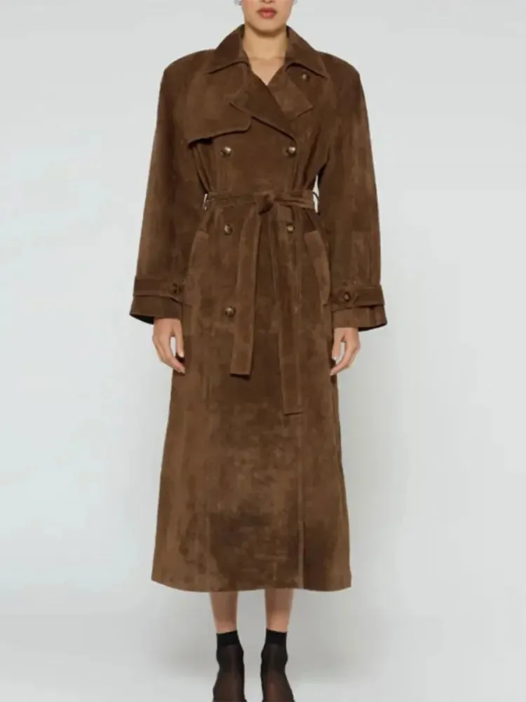 Ladies Khaki Faux Leather Long Coat khaki trench coat With Belt Fashion Double-breasted coat