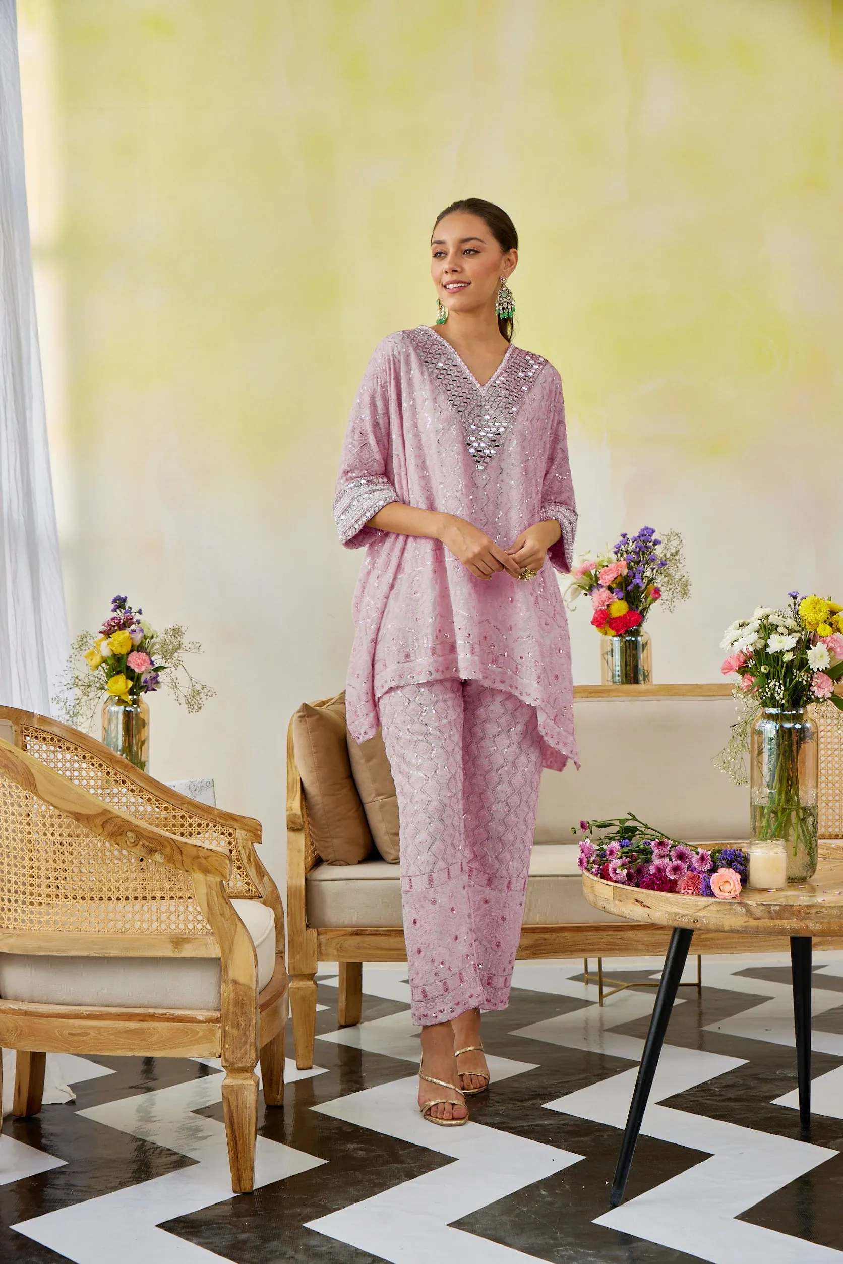 Lilac Chic Chikankari Embroidered Kaftan Tunic Co-Ord Set