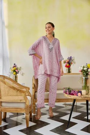 Lilac Chic Chikankari Embroidered Kaftan Tunic Co-Ord Set