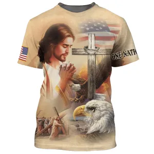 Lion Pray With Jesus On The Cross 3d All Over Print Shirt - Christian 3d Shirts For Men Women