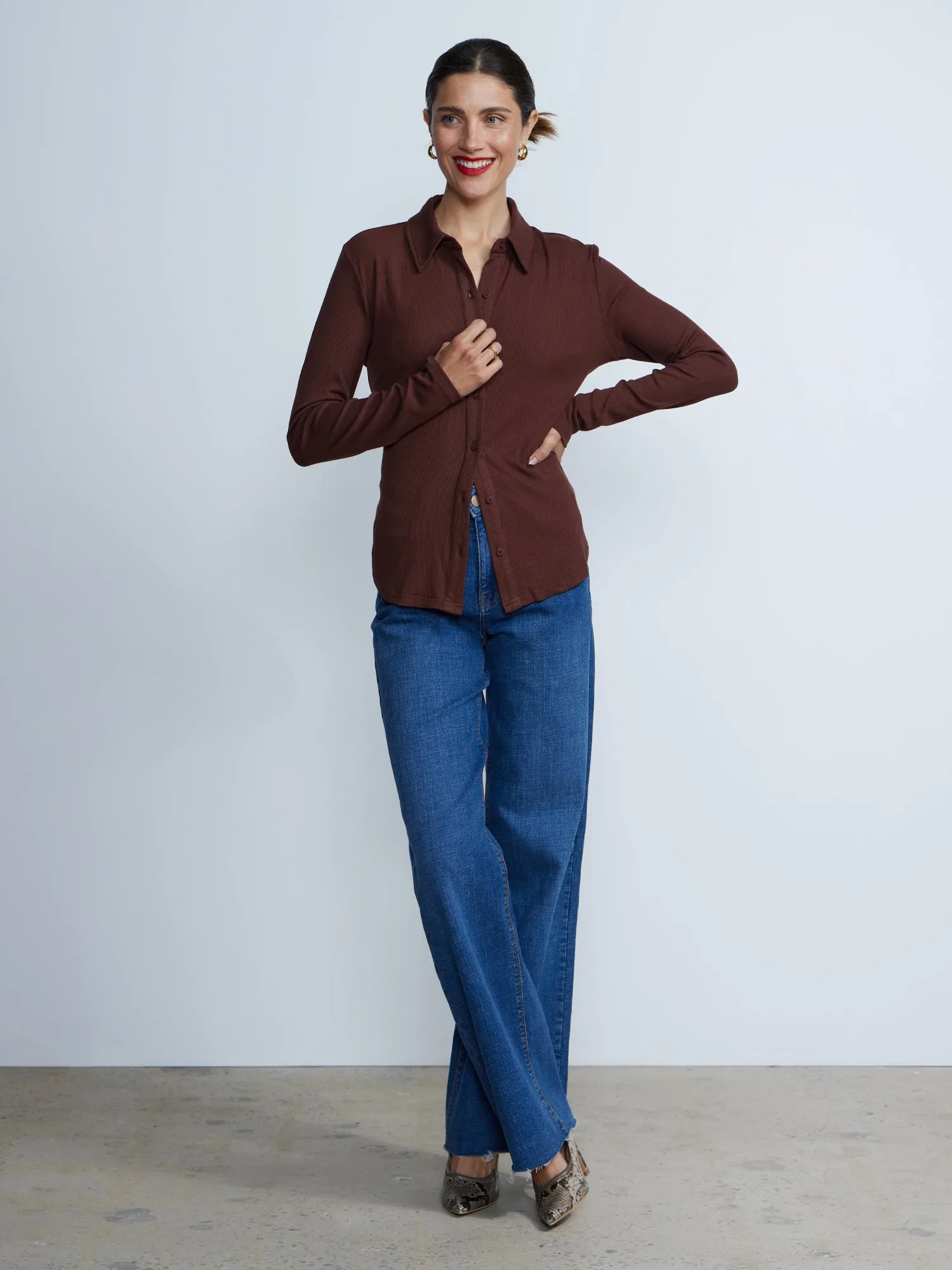 Long Sleeve Ribbed Knit Button-Front Shirt