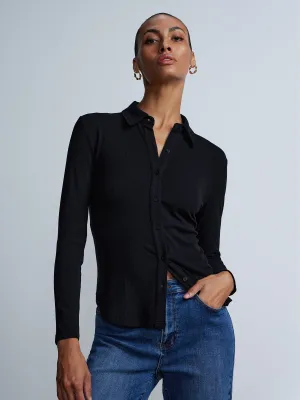 Long Sleeve Ribbed Knit Button-Front Shirt