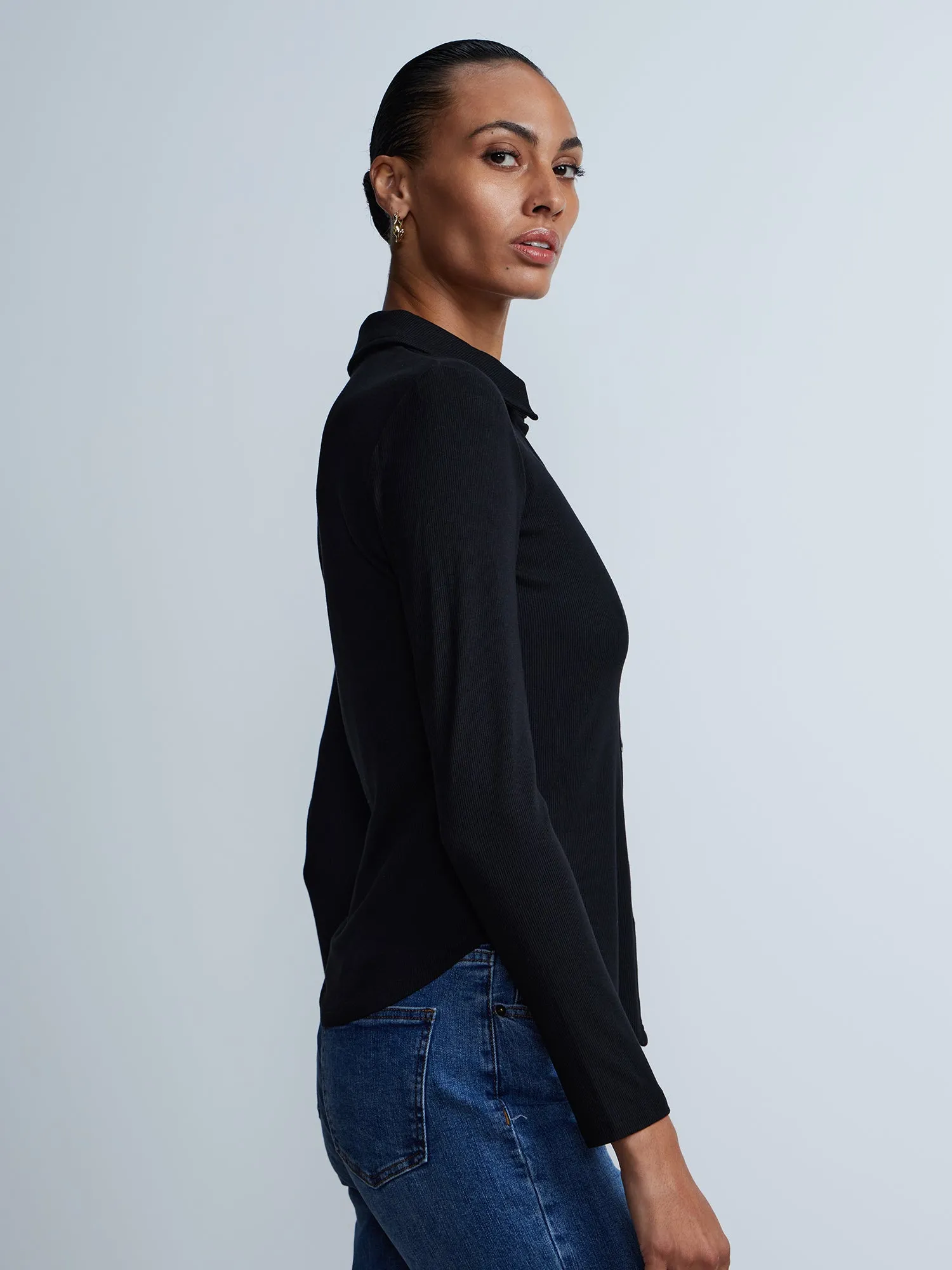 Long Sleeve Ribbed Knit Button-Front Shirt