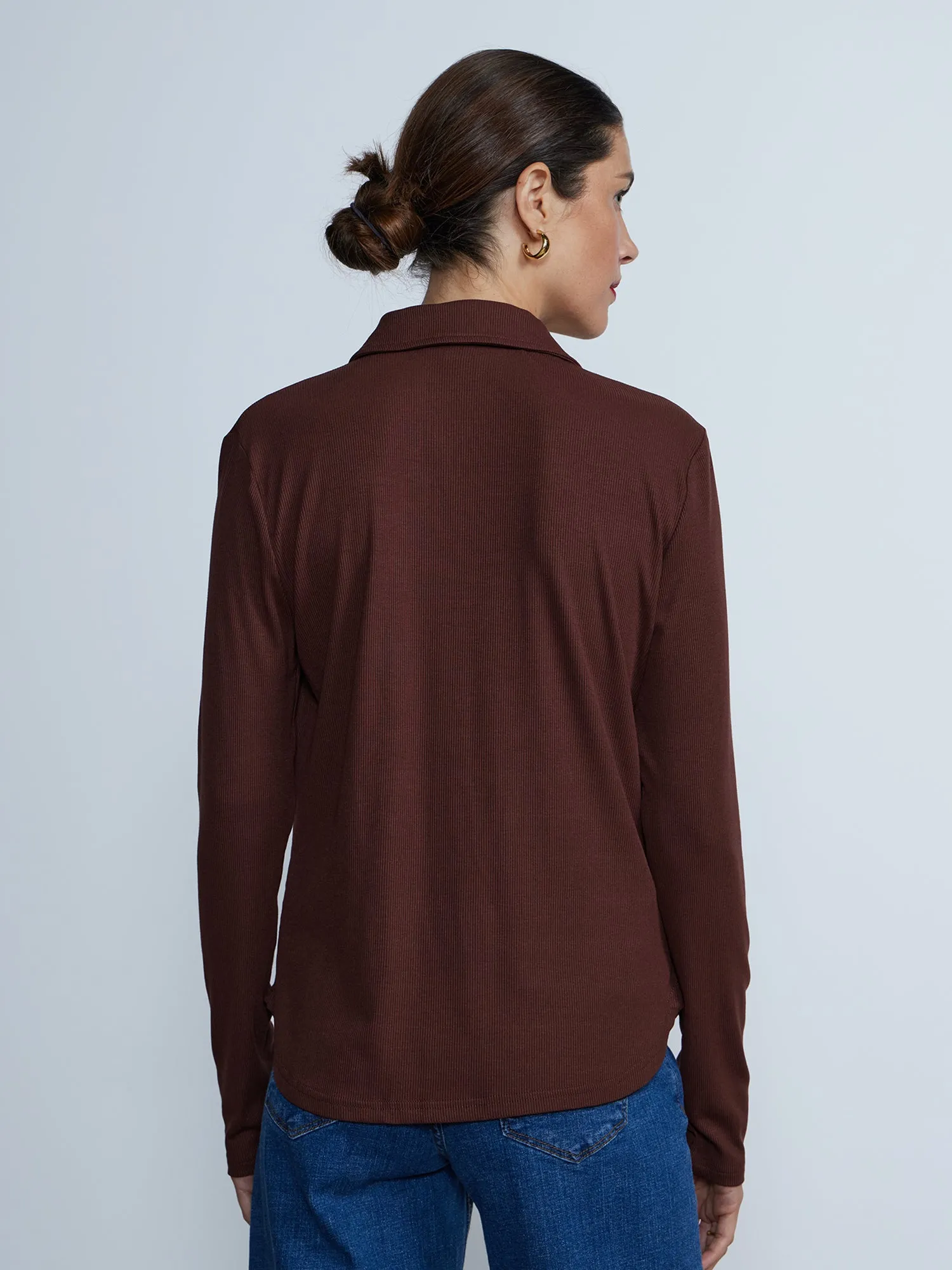 Long Sleeve Ribbed Knit Button-Front Shirt