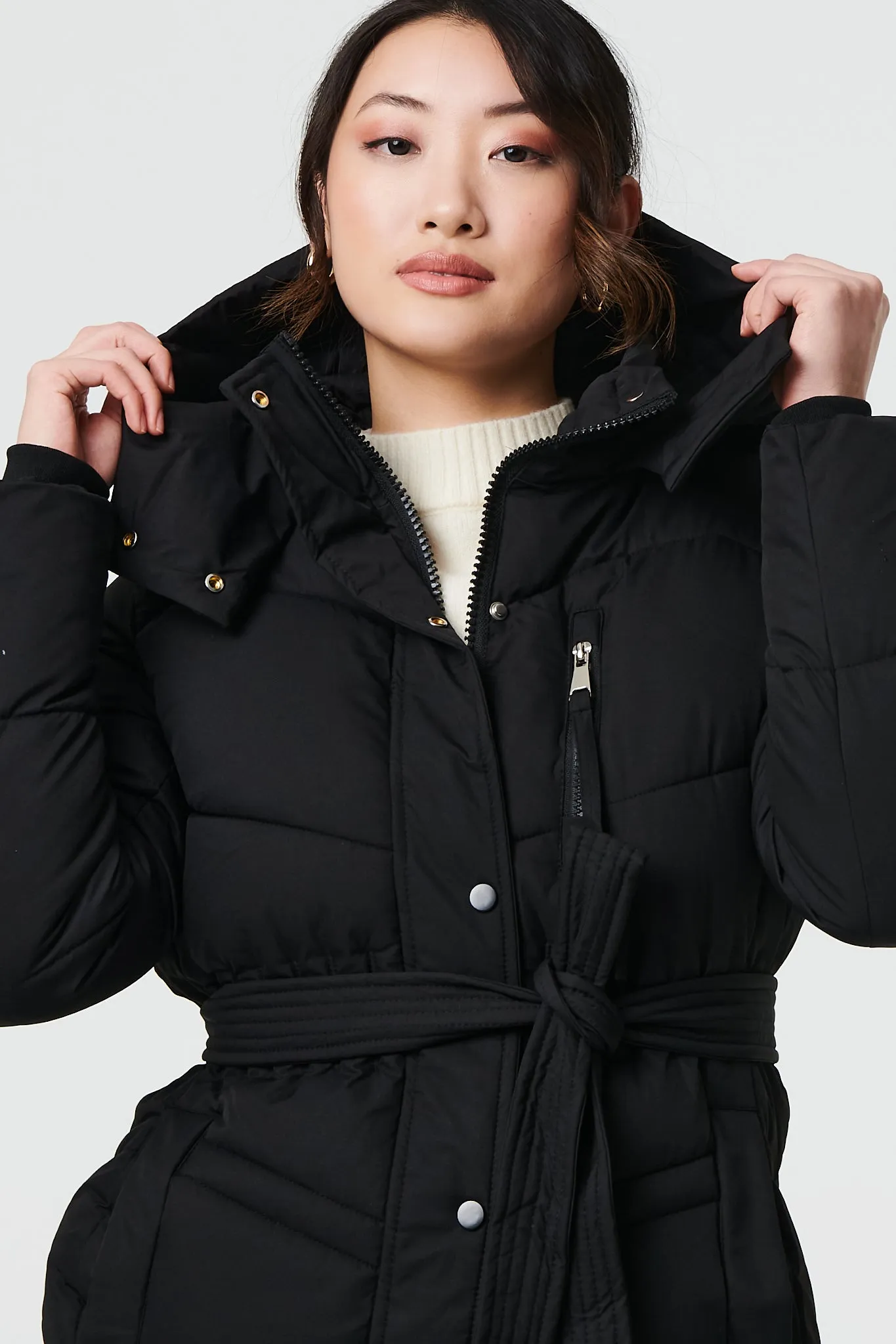 Longline Padded Tie Waist Hooded Coat