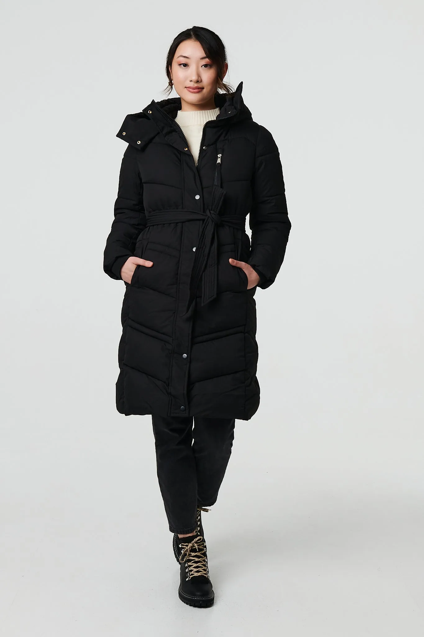 Longline Padded Tie Waist Hooded Coat