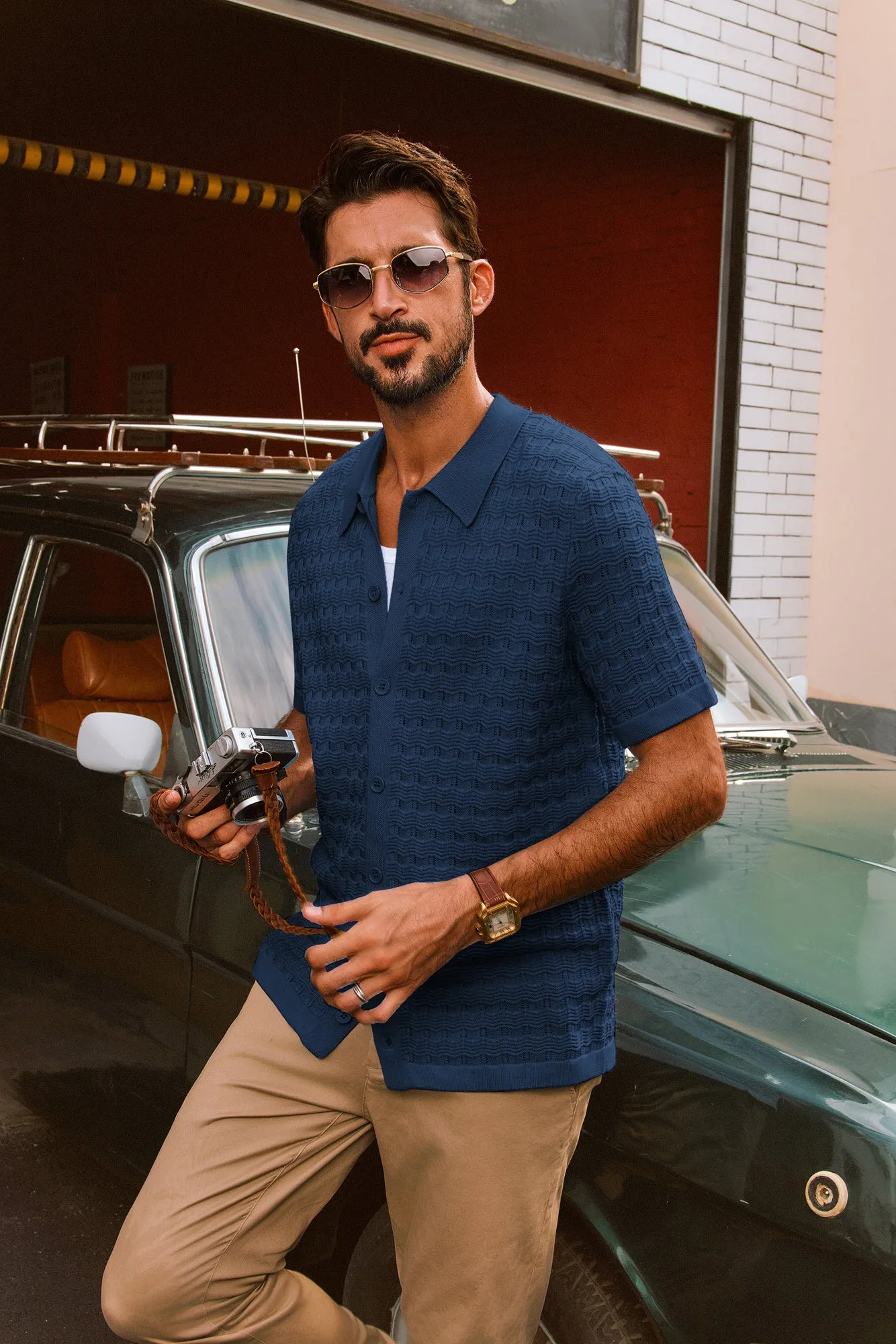 Men Textured Cardigan Short Sleeve Lapel Collar Button-up Tops Knitwear