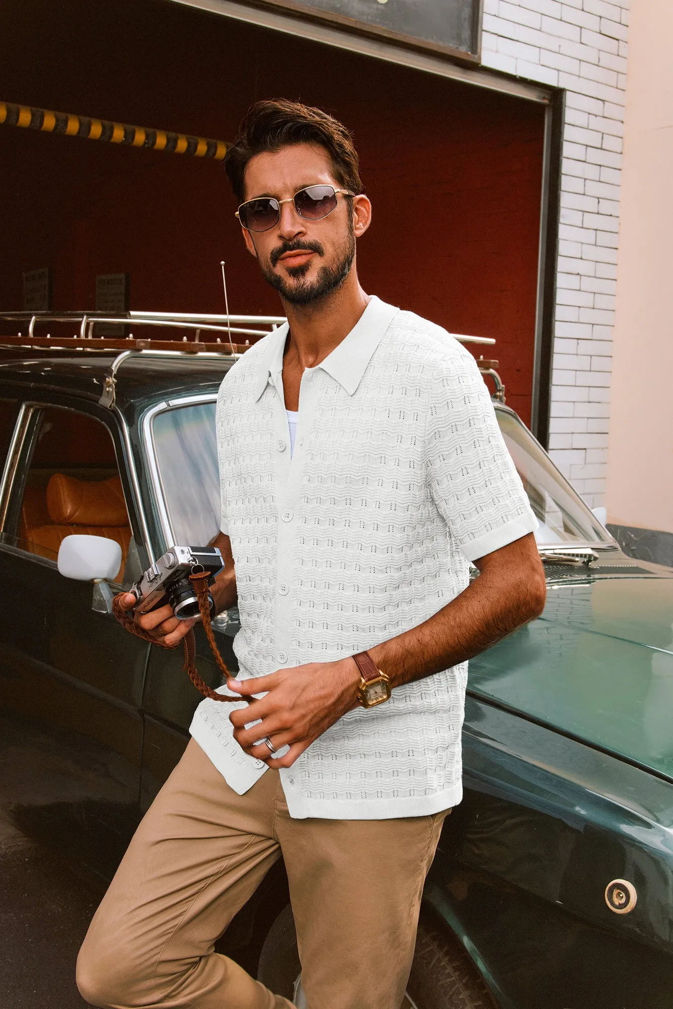 Men Textured Cardigan Short Sleeve Lapel Collar Button-up Tops Knitwear