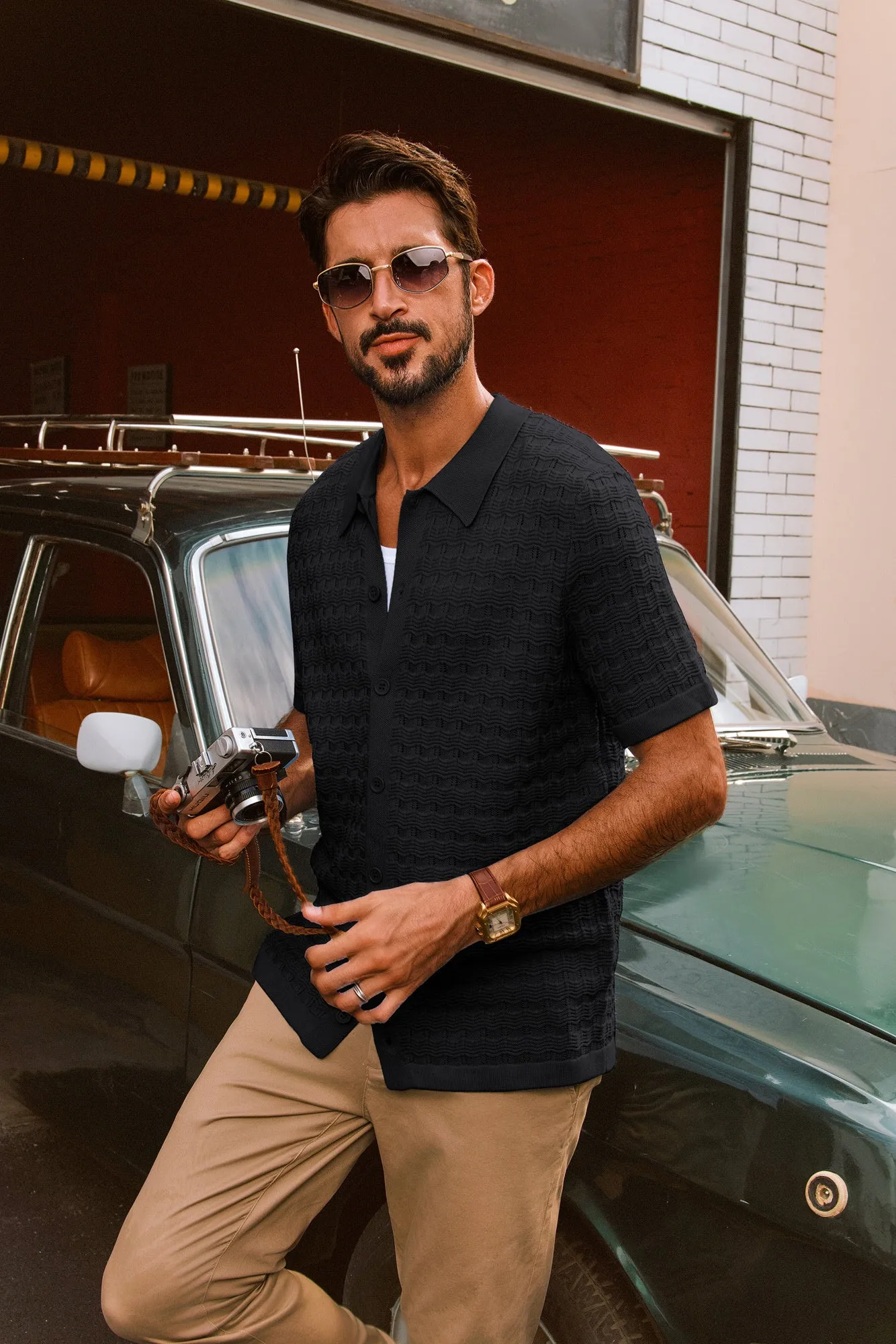 Men Textured Cardigan Short Sleeve Lapel Collar Button-up Tops Knitwear