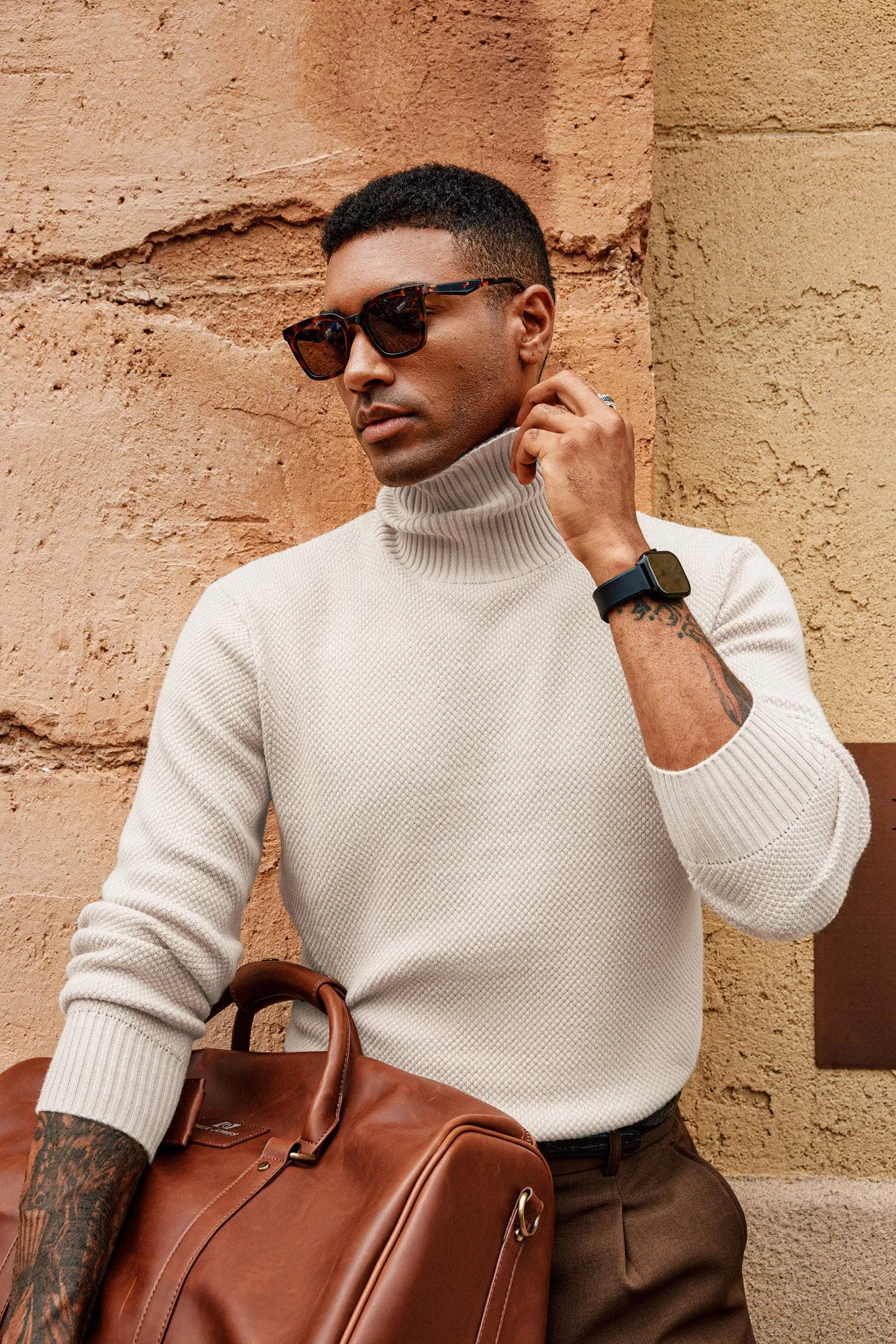 Men Turtleneck Sweater Long Sleeve Ribbed Cuff Textured Pullover Jumper