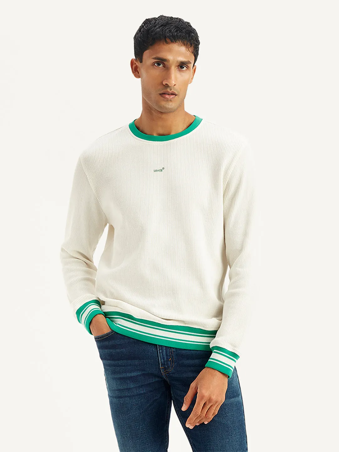 Men's Solid Off-White Crew Neck Sweater