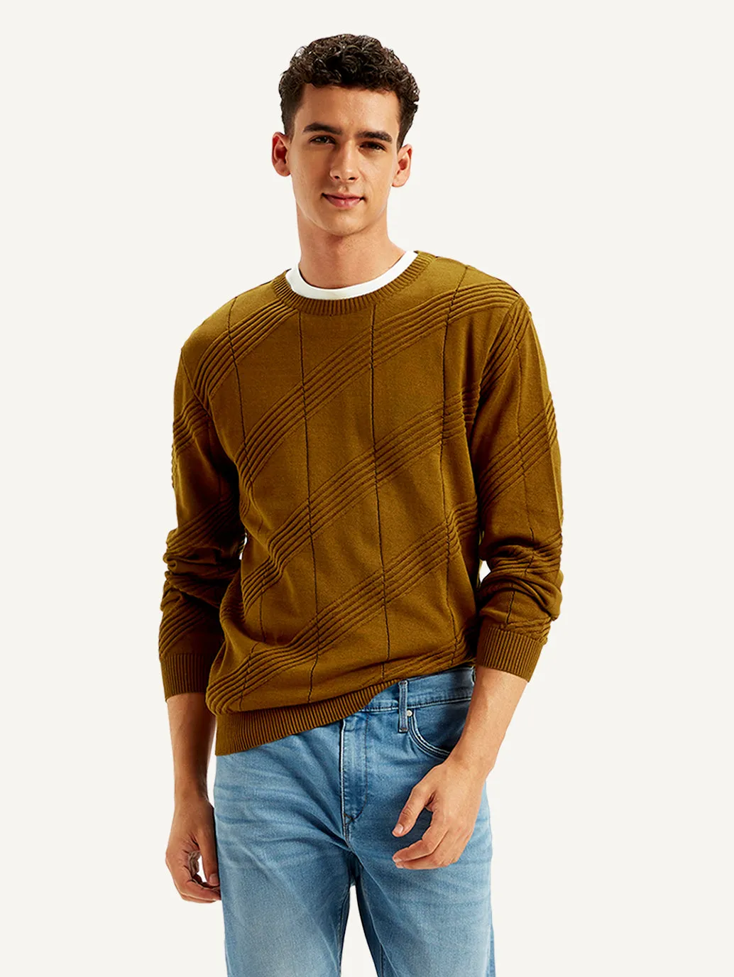 Men's Textured Brown Crew Neck Sweater