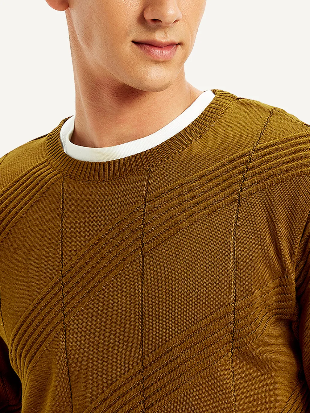 Men's Textured Brown Crew Neck Sweater