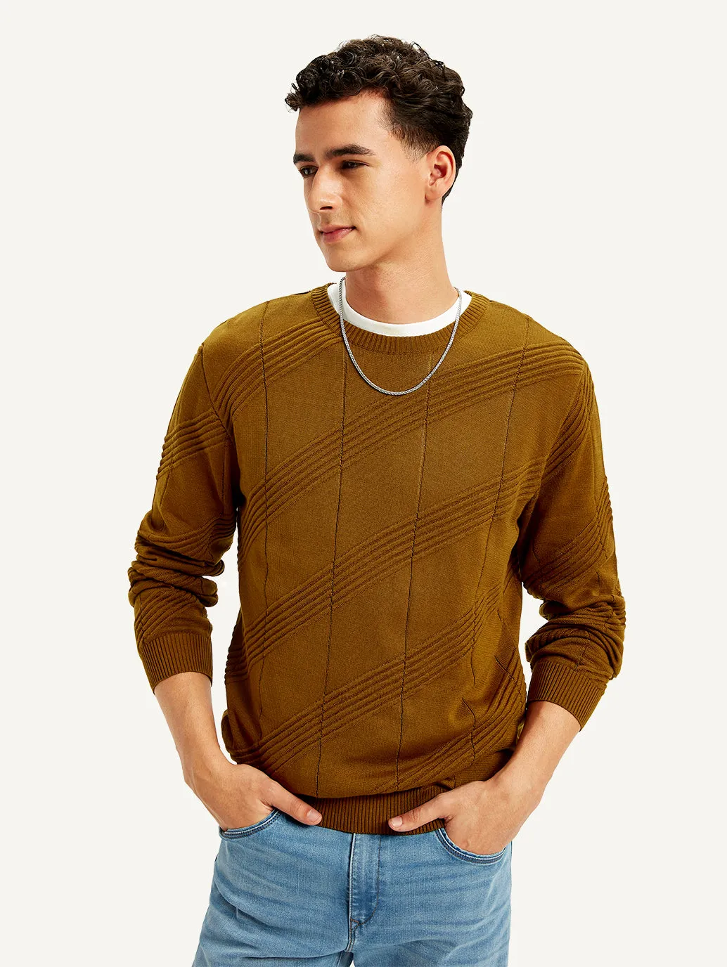 Men's Textured Brown Crew Neck Sweater