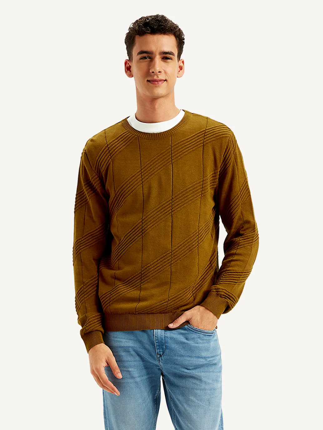 Men's Textured Brown Crew Neck Sweater