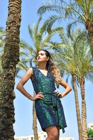 Mini Sequin Wrap Dress Cameleon Green-Palmaia